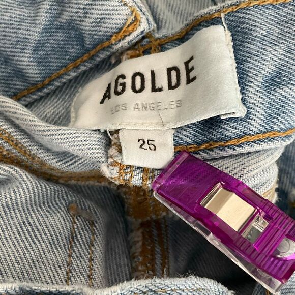 AGOLDE Blue Criss Cross Whiskering Fringe Raw Hem Cotton Straight Jeans Size 25 - Picture 3 of 8